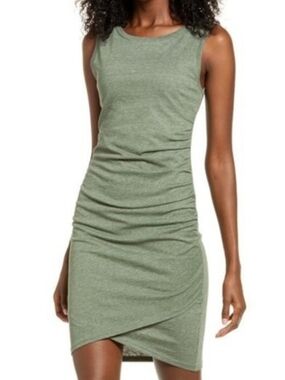 Leith Sleeveless Olive Sarma Heather Green Ruched Dress Size S